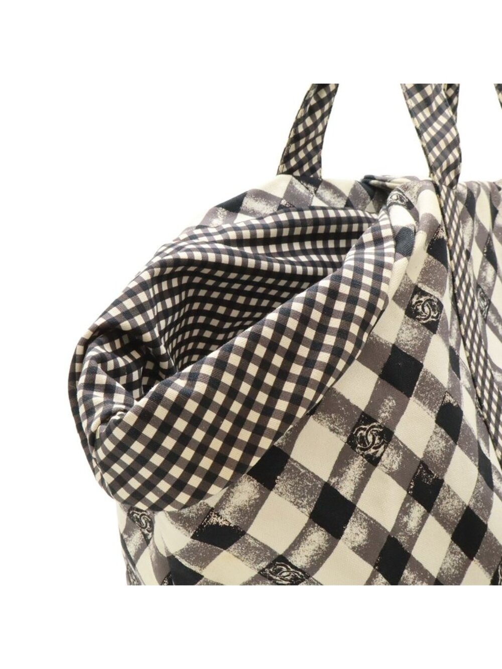 Chanel CC Logo Gingham Check Tote Big Canvas Black White Cruise Collection - Picture 7 of 9